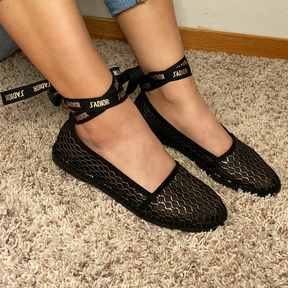 NIB DIOR Black/Gold Mesh Ballet Flats Shoes 7.5 - Picture 2 of 3